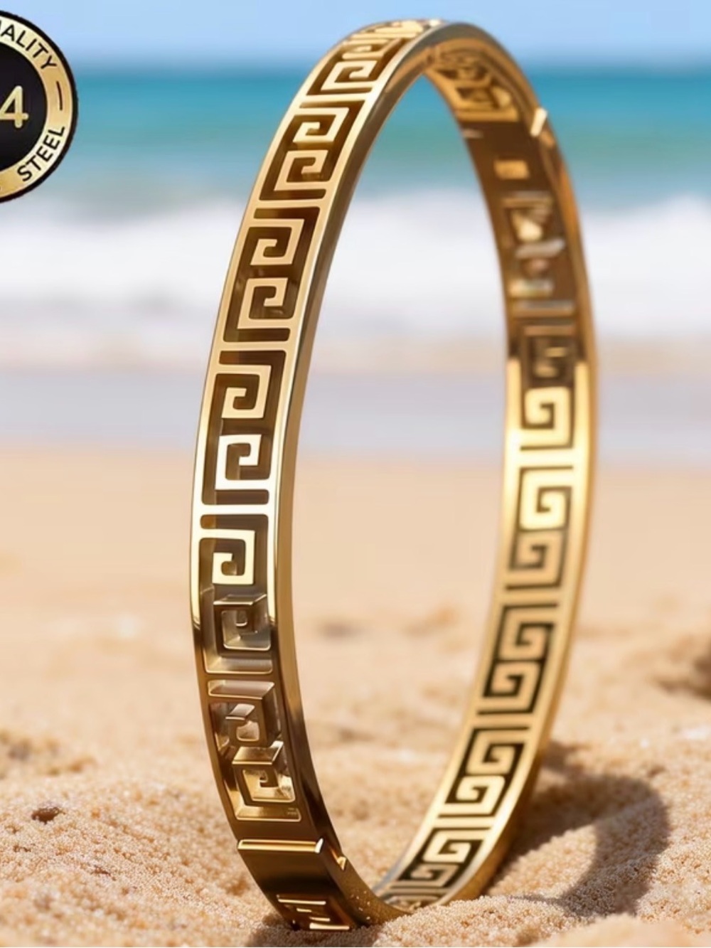 Gold Greek Key Stainless Steel Bangle Braceletf
